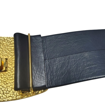 Wide Blue Leather Belt Gold Crocodile Print Huge Belt Buckle Hook Closure OS