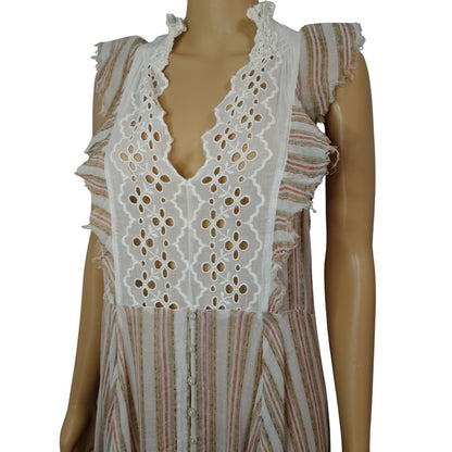 FP One Boho Brown White Flowy Caraway Stripe Sheer Uneven hem Long Dress Size Large