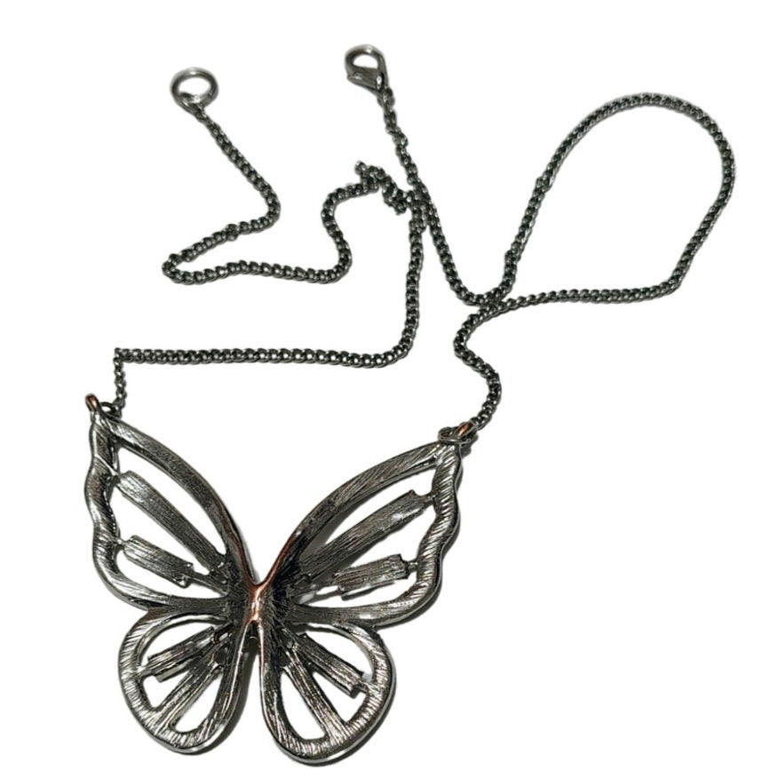 1990s Clear Crystal Bling Butterfly Pendant Silver Tone Chain Link Necklace [Vintage]