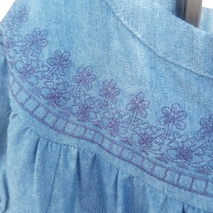 Heart Soul Embroidered Short Blue Jean Dress Cap Sleeves Lined Lace Hemline Size Large