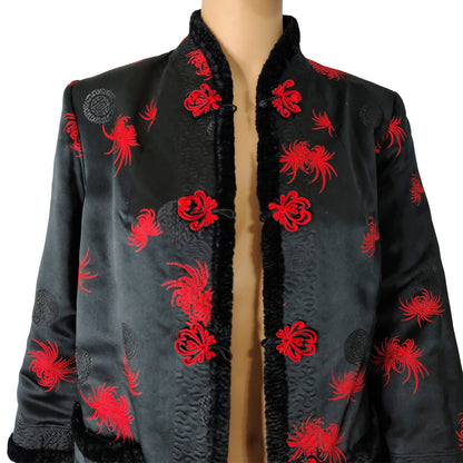 1970s Red Black Reversible Chinese Embroidered Fur Evening Jacket Size Small [Vintage]