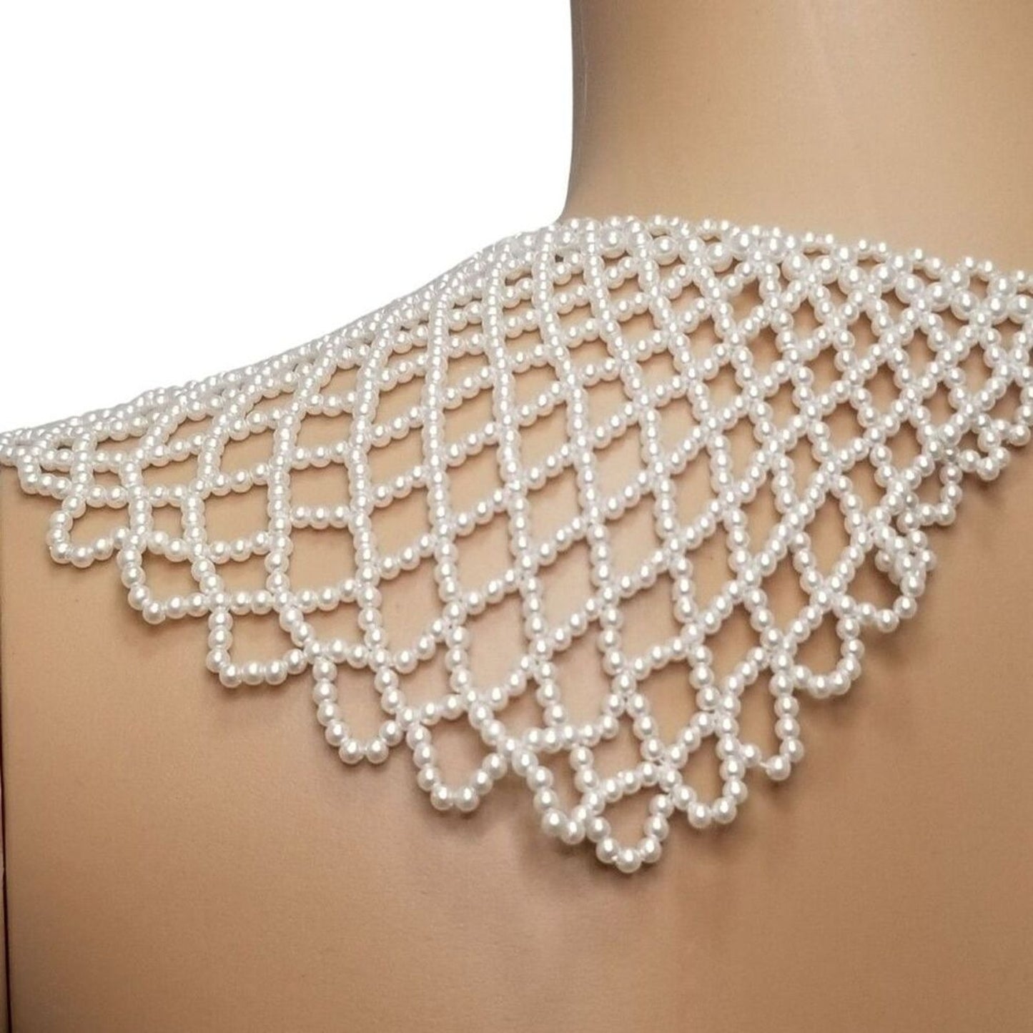 Vintage Faux Mini Multi Size White Pearl Wide Collar Bib Necklace Pearl Button