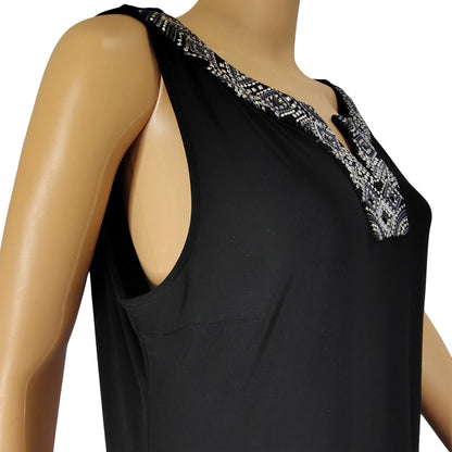 Black  Metallic Embellished VNeck Flapper Inspired Pleat Hem Drop Waist Dress