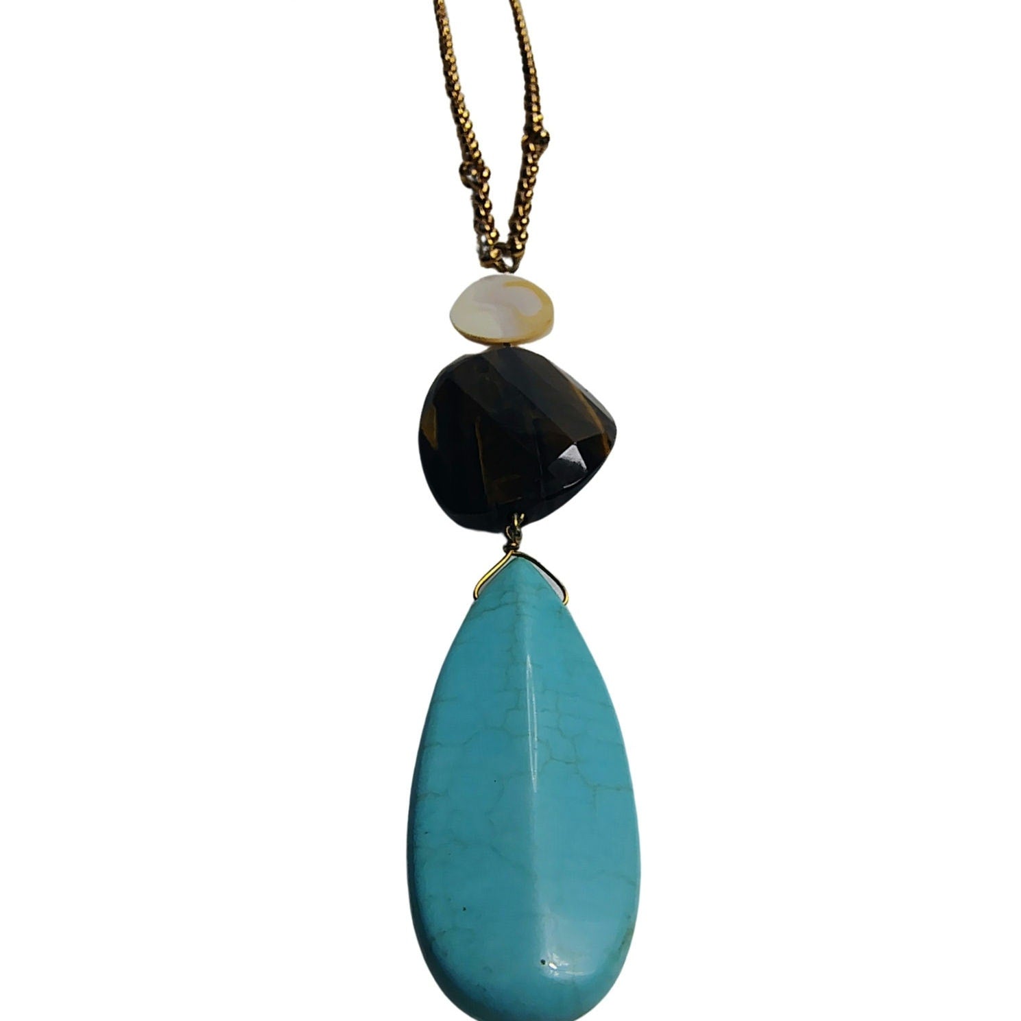 Vntage Pendant Statement Necklace Turquoise Tigers Eye MOP Gold Round Link 18" [Vintage]