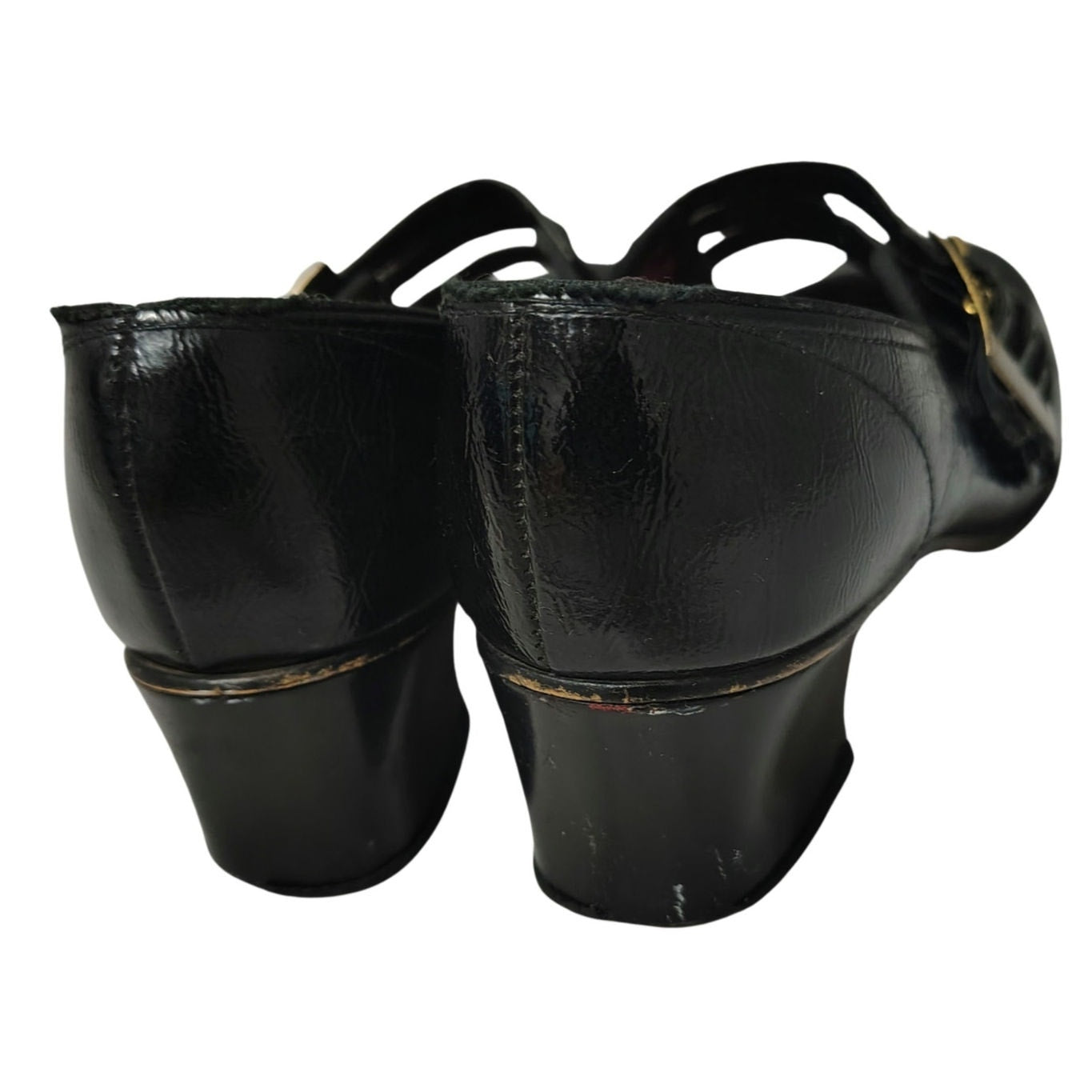 60s Mary Janes Black Leather Square Toe Block Heel Womens Shoes Size 7 [Vintage]