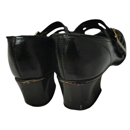 60s Mary Janes Black Leather Square Toe Block Heel Womens Shoes Size 7 [Vintage]