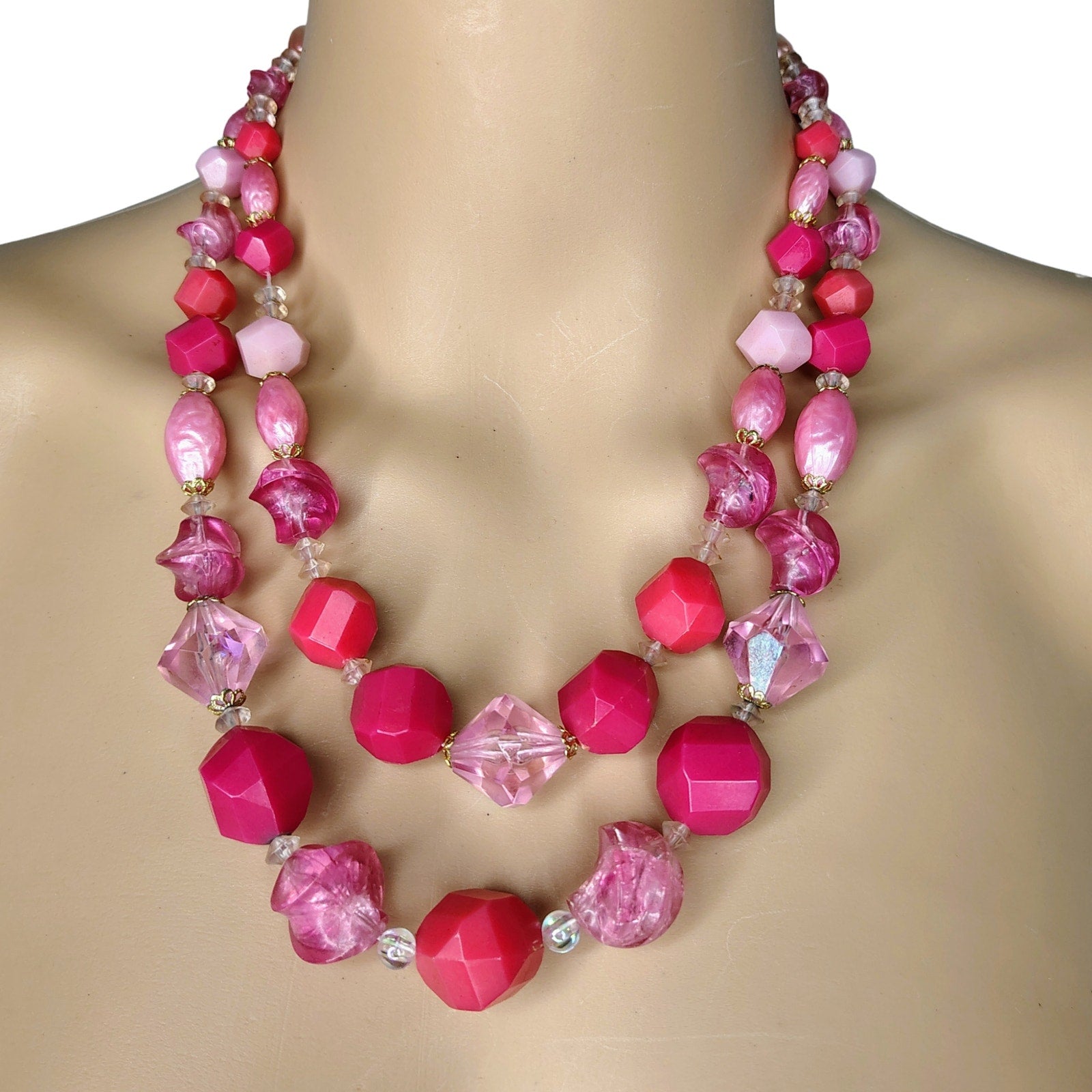 1950s Pink Translucent Plastic Double Layered Gold Tone Statement Necklace [Vintage]