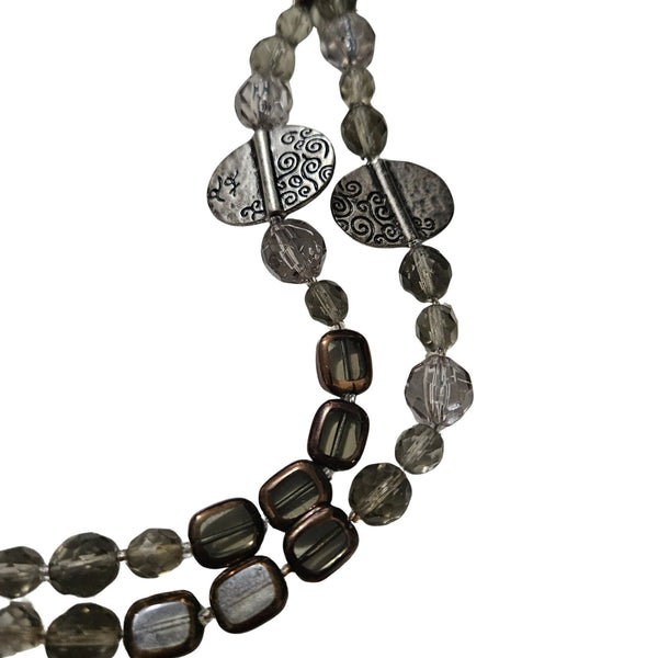 Smoky Bronze Clear Glass Double Strand Beaded Choker Necklace Silver Charms