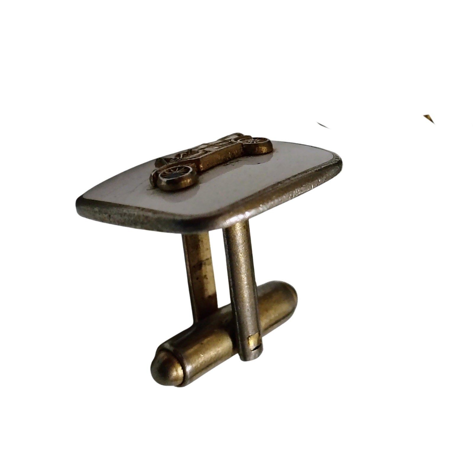 1950s White Enamel Cufflinks with Gold Metal Roadster Gently Used Set of Two