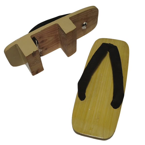 Traditional Geta Clogs Sandals Brown Wood Black Velvet Thongs Size 10.5 [Vintage]