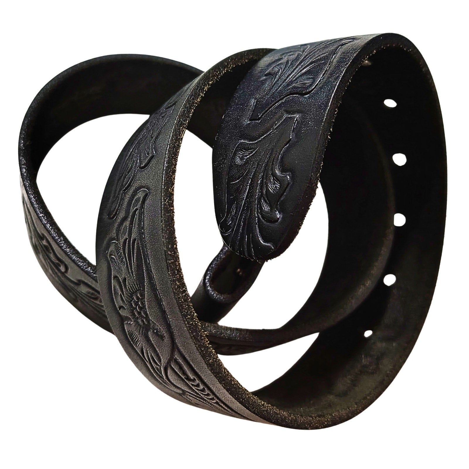 1990s Bebe Replacement Genuine Leather Belt Strap Tooled Engraved Floral Snap Closure