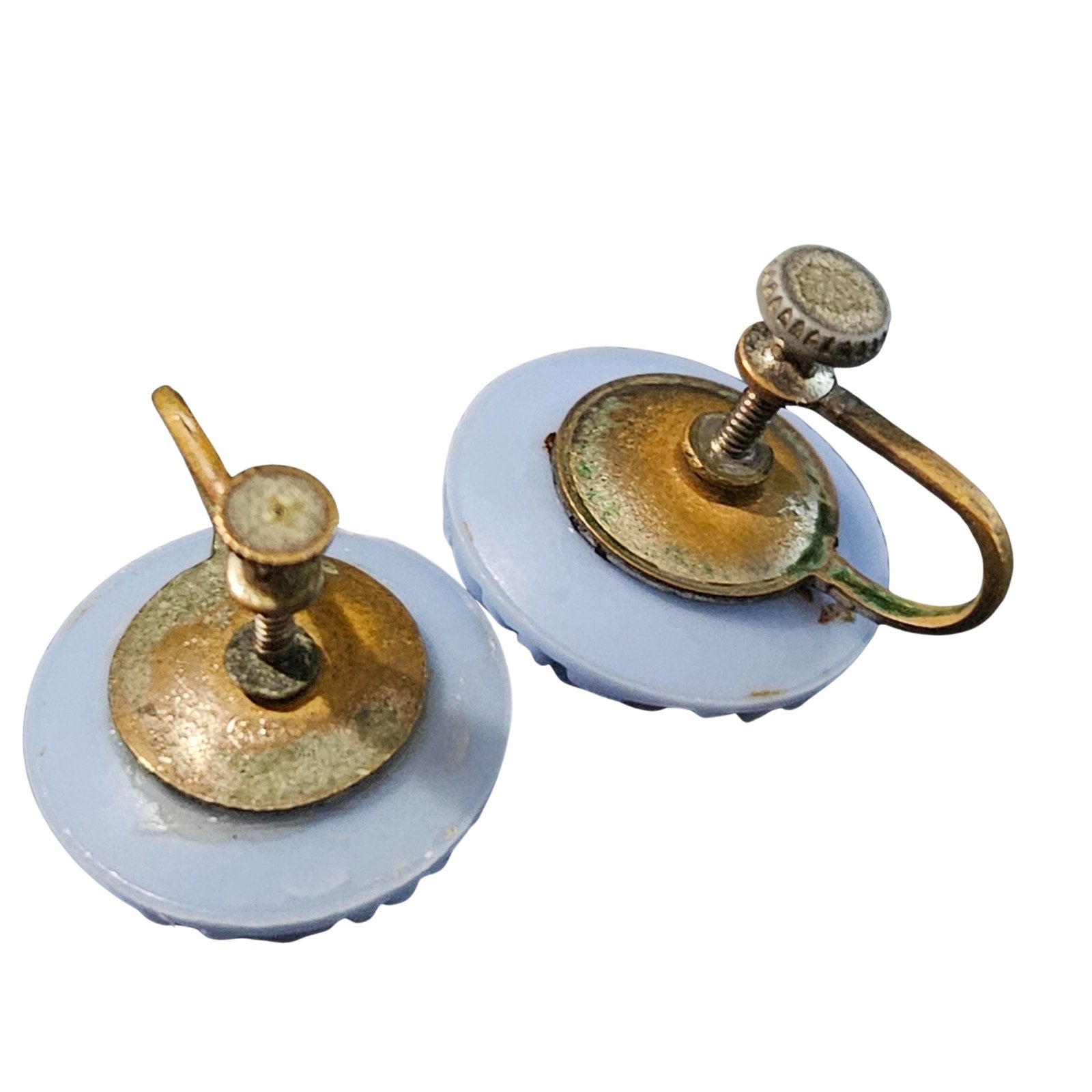 Mid Century Victorian Molded Floral Periwinkle Blue Stone Clip on Earrings [Antique]