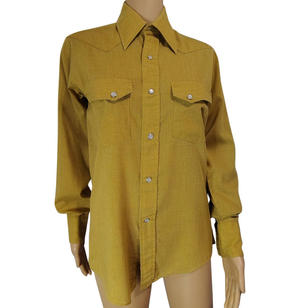 1970s Western Long Sleeve Collar Shirt Mustard Yellow Pearl Snap  Size Small [Vintage]