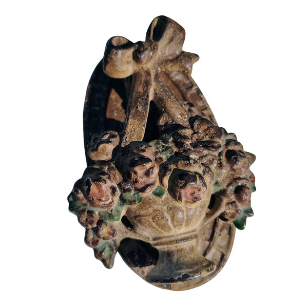1920s Hubley Cast Iron Flower Basket Ribbon Door Knocker Cream [Antique]