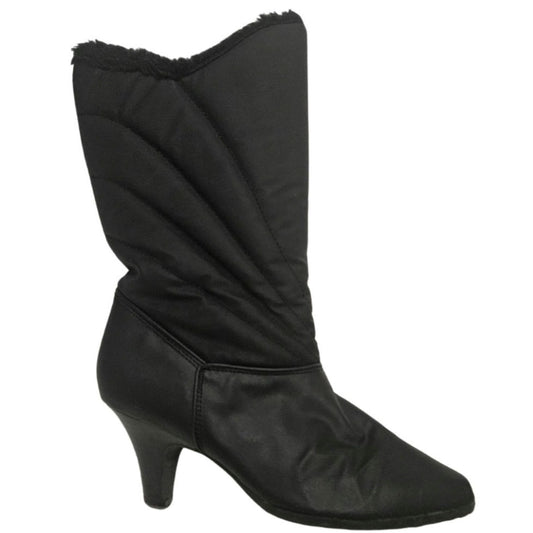 1980s Black Waterproof Rainboots 3 Inch Pump Heel Narrow Faux Fur Lining Size 7