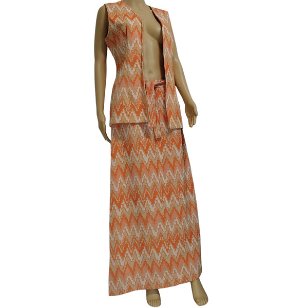 60s Orange Chevron Print Maxi Skirt Matching Short Sleeve Vest Leisure Suit Set Size 13/14 [Vintage]