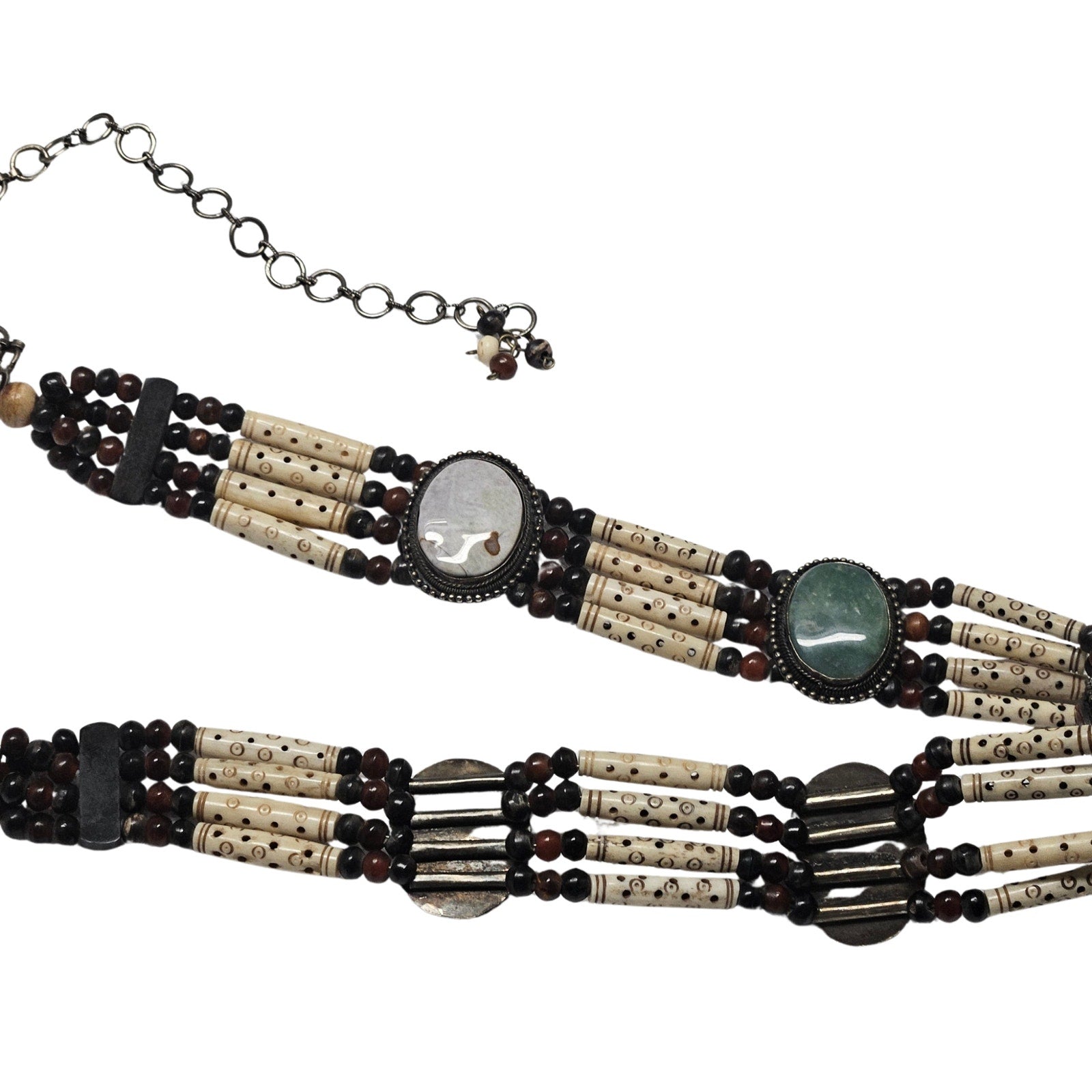 Natural Stone Bohemian Cabachon Concha Belt Carved Bone Beads Four Strands Small