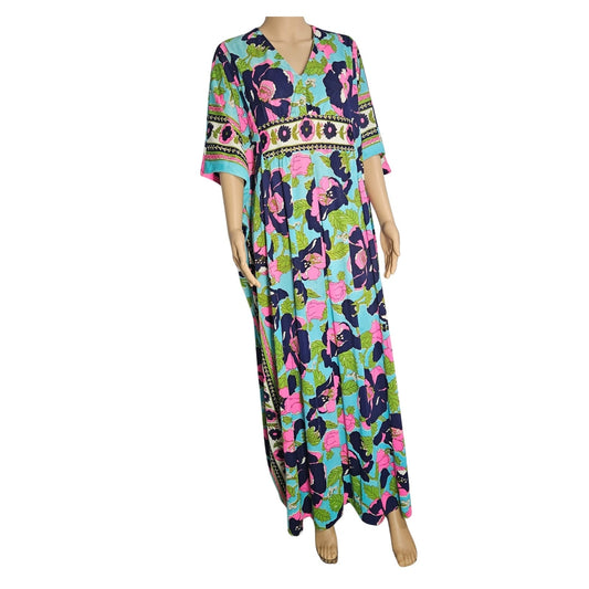 1970s Pink Blue Floral Print House Dress by Lounge Craft Original Size Small [Vintage]