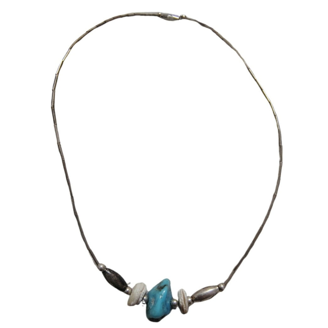 1970s Sterling Silver Liquid + Shell Beads + Turquoise Stone Necklace [Vintage]