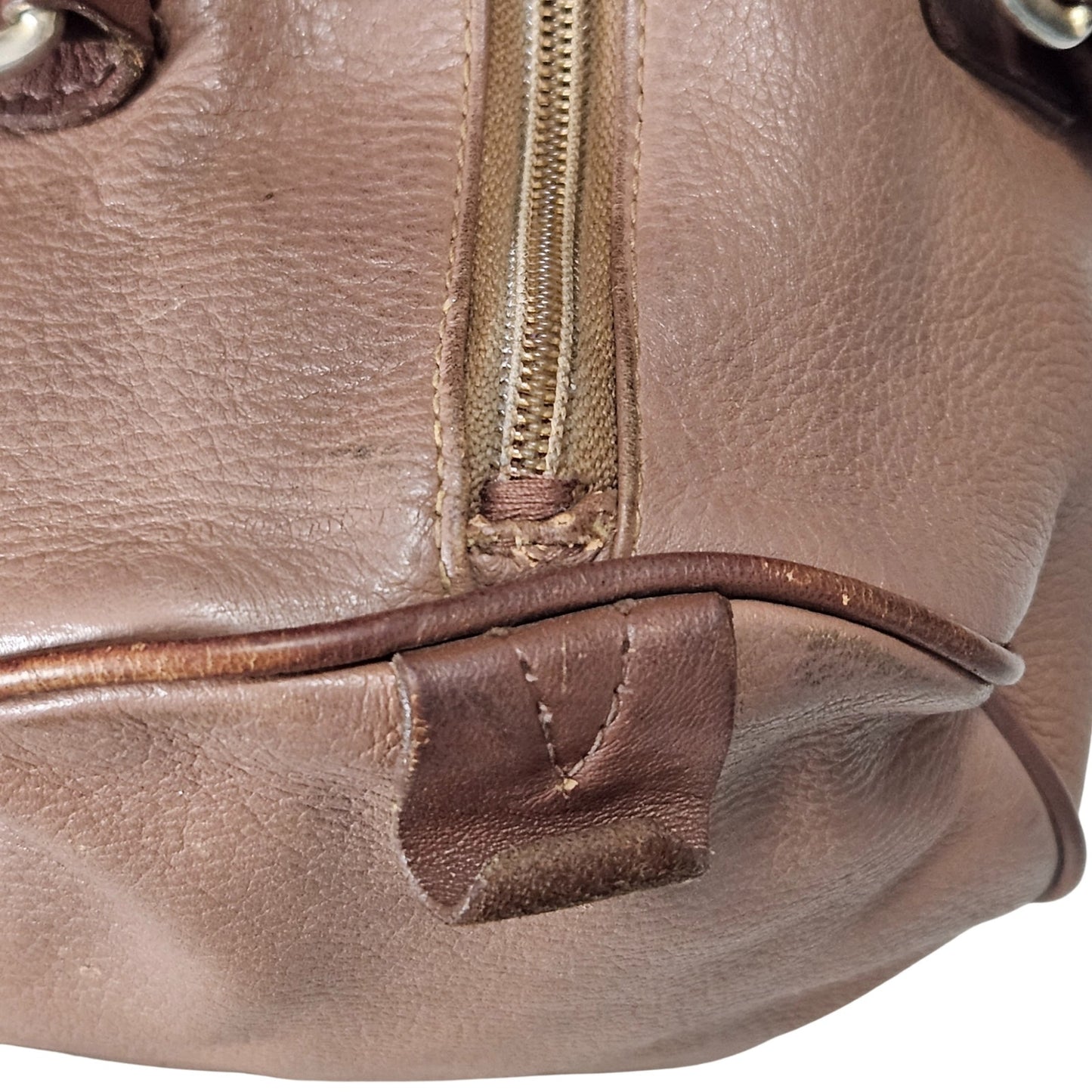 INC Brown Genuine Leather Bowling Barrel Bag Top Handle Handbag Gently Used