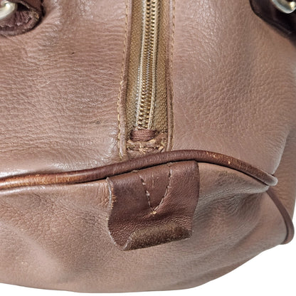 INC Brown Genuine Leather Bowling Barrel Bag Top Handle Handbag Gently Used