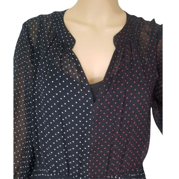 Silk Crepe Black Dots Akris Punto Slightly Sheer Midi Dress 3/4 Sleeve SZ 8