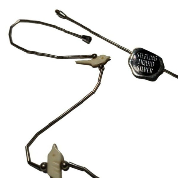 1970s Cream Carved Bird Shell Beads Liquid Silver Single Strand Necklace 16 Inch