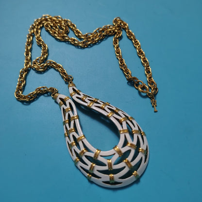 1960s Vintage Crown Trifari Gold White Enamel Woven Pendant Statement Necklace