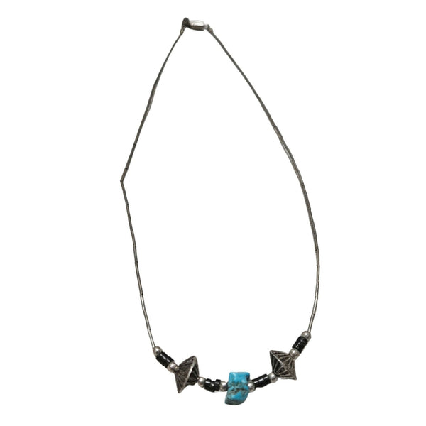 1970s Sterling Silver Liquid Beads Turquoise Black Stone Necklace