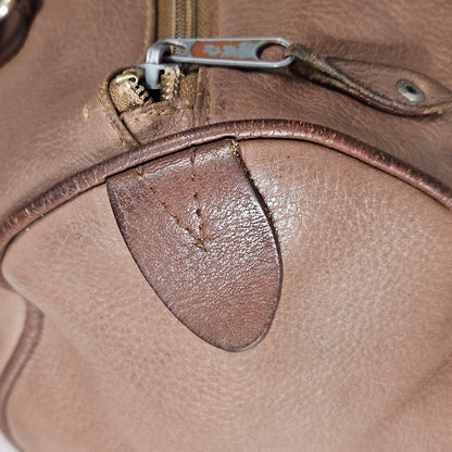 INC Brown Genuine Leather Bowling Barrel Bag Top Handle Handbag Gently Used