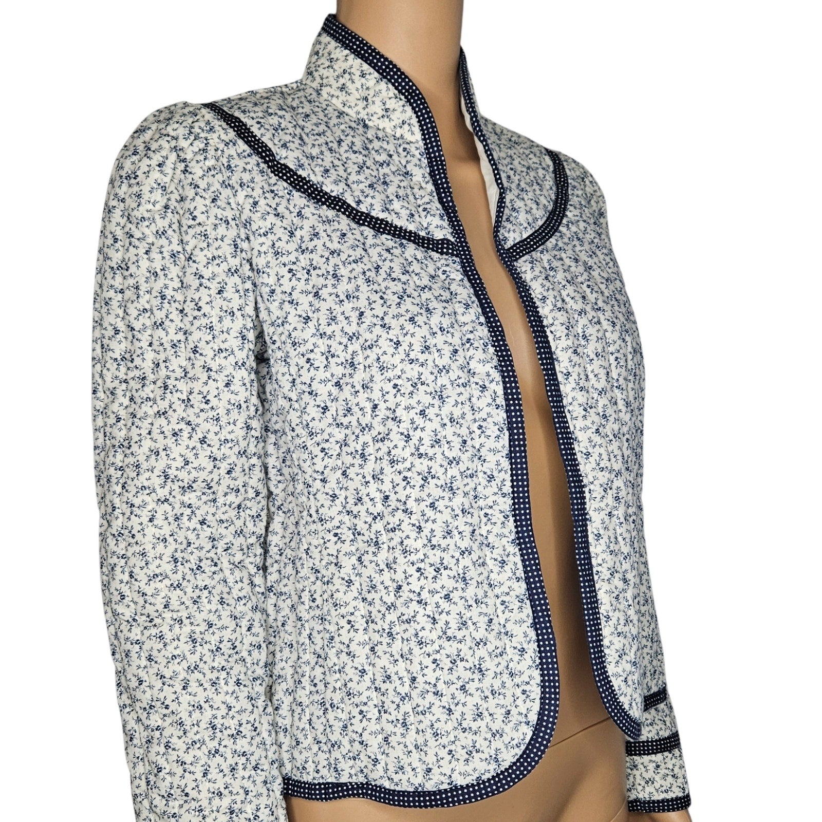 1970s Jessicas Gunnies Blue White Floral Quilted Blazer San Francisco Size Small