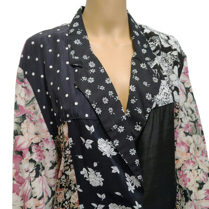 90s Patchwork Floral Striped Light Weight Box Cut Blazer Fold Down Collar Sz Sm