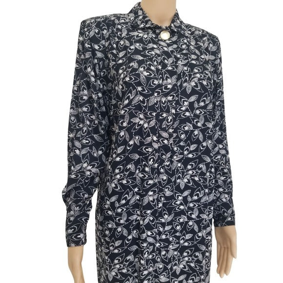 1980s Liz Claiborne Petite Black Long Sleeve Floral Shirt Dress Size 8P [VINTAGE]