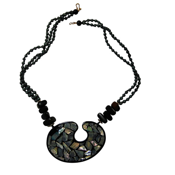 Vintage Blue Black Inlay Shell Beaded Lacquered Necklace Adjustable Chain Link