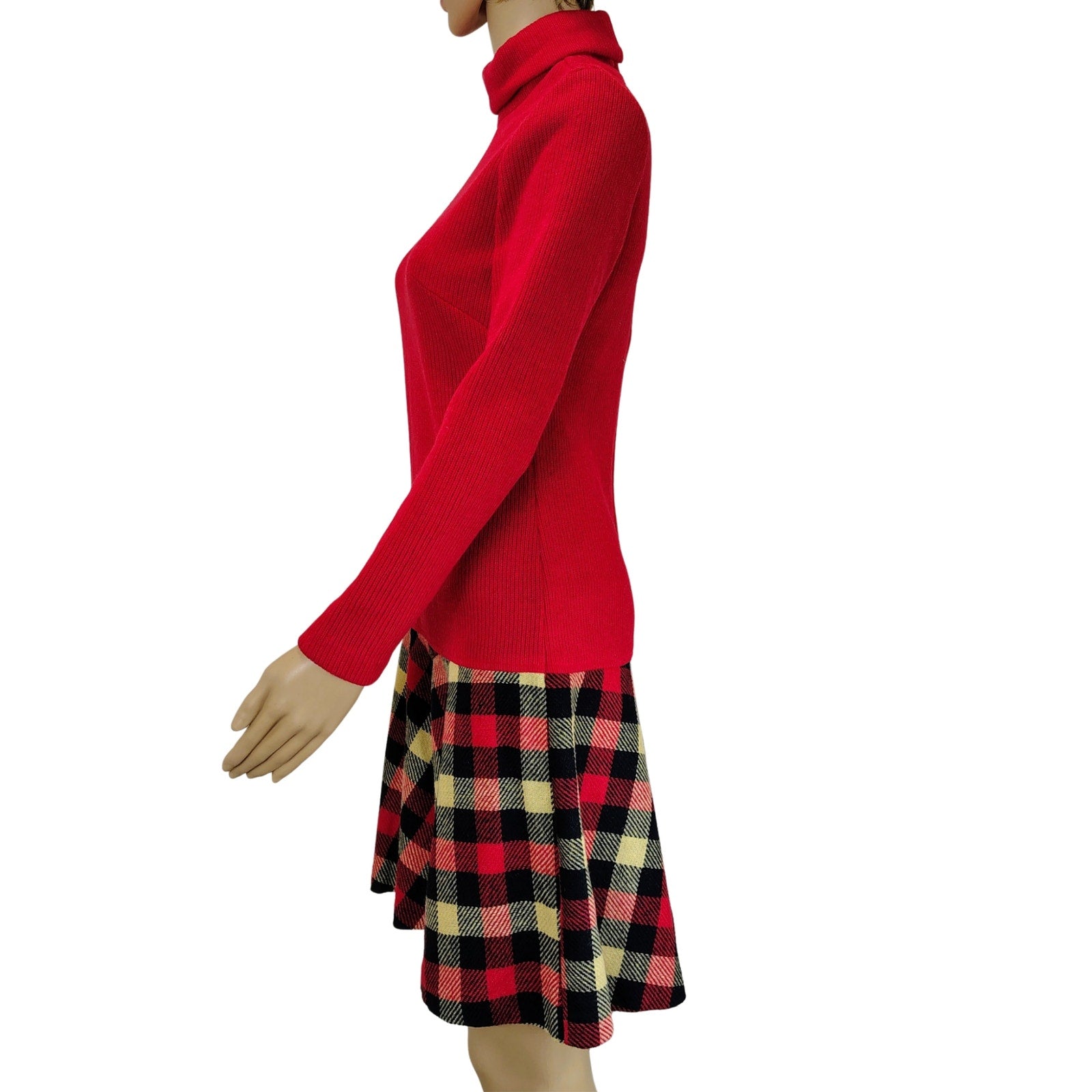 1960s Mod Wool Blend Drop Waist Plaid Skirt Dress Belted Long Sleeve Size 8 Regular [Vintage]
