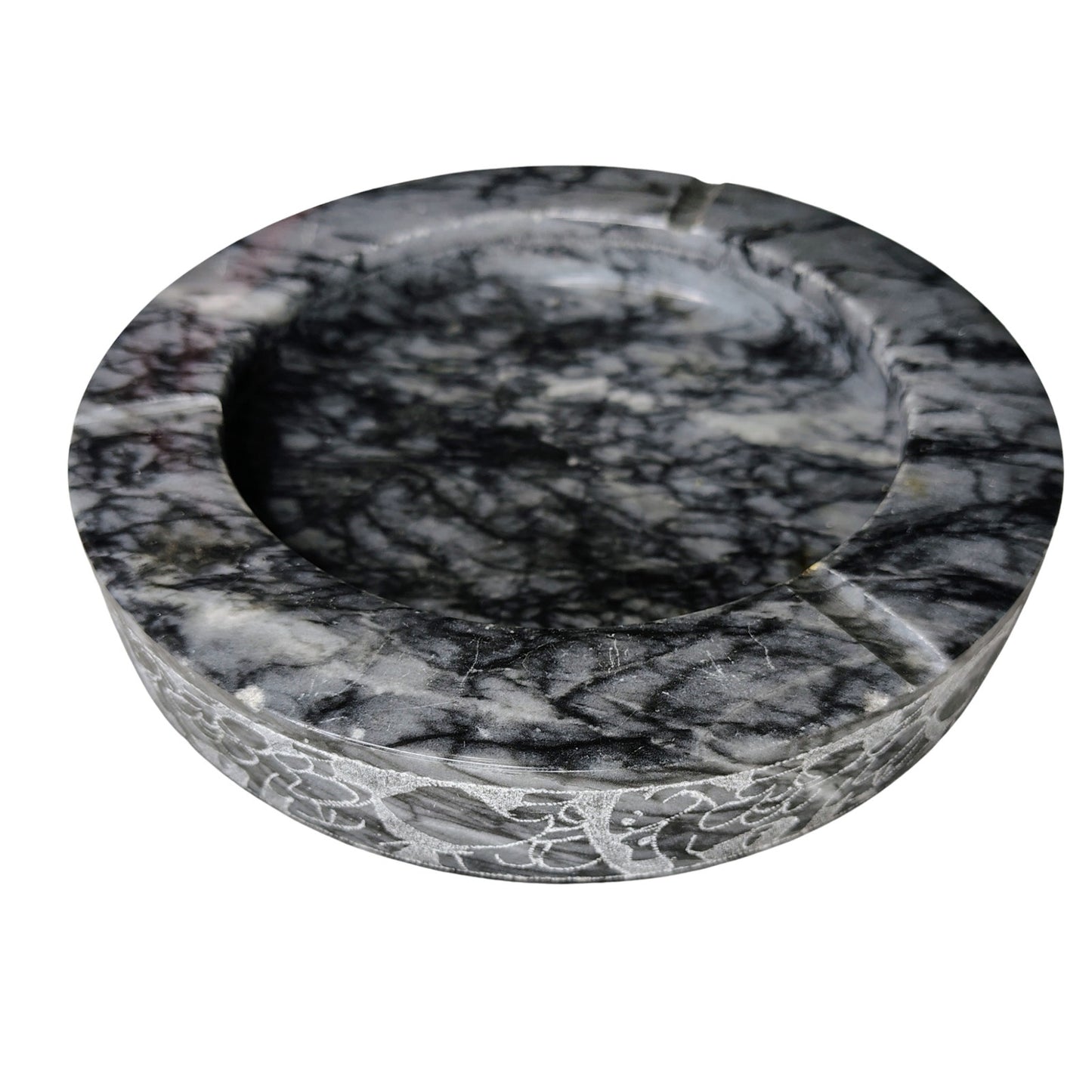 1970s Gray Etched Horses Polished Marble Stone Heavy Large Ashtray Three Holders [Vintage]