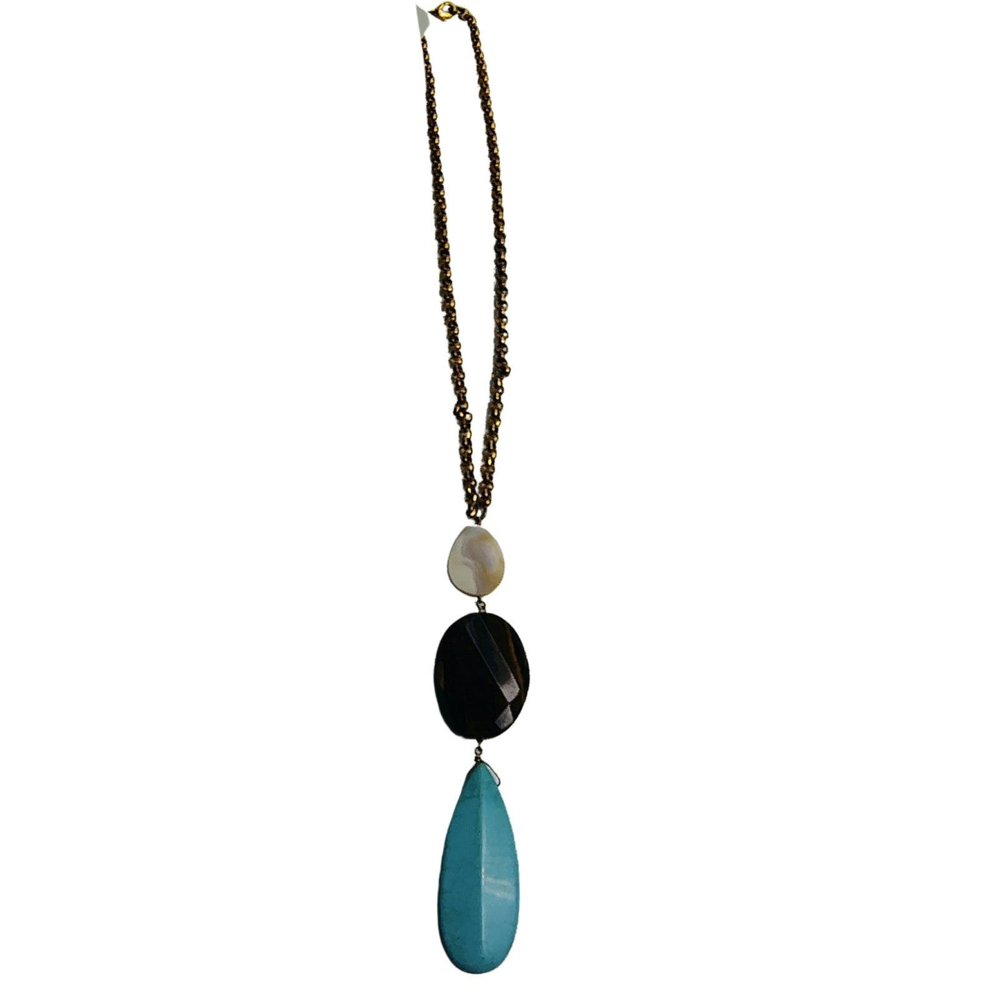 Vntage Pendant Statement Necklace Turquoise Tigers Eye MOP Gold Round Link 18" [Vintage]