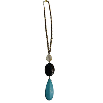 Vntage Pendant Statement Necklace Turquoise Tigers Eye MOP Gold Round Link 18" [Vintage]
