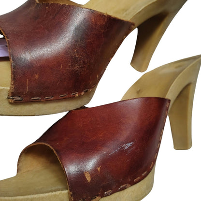 1970s Candies Style Faux Wood Heels Brown Leather Uppers USA 6 EUR 37 UK 4.5 [Vintage]