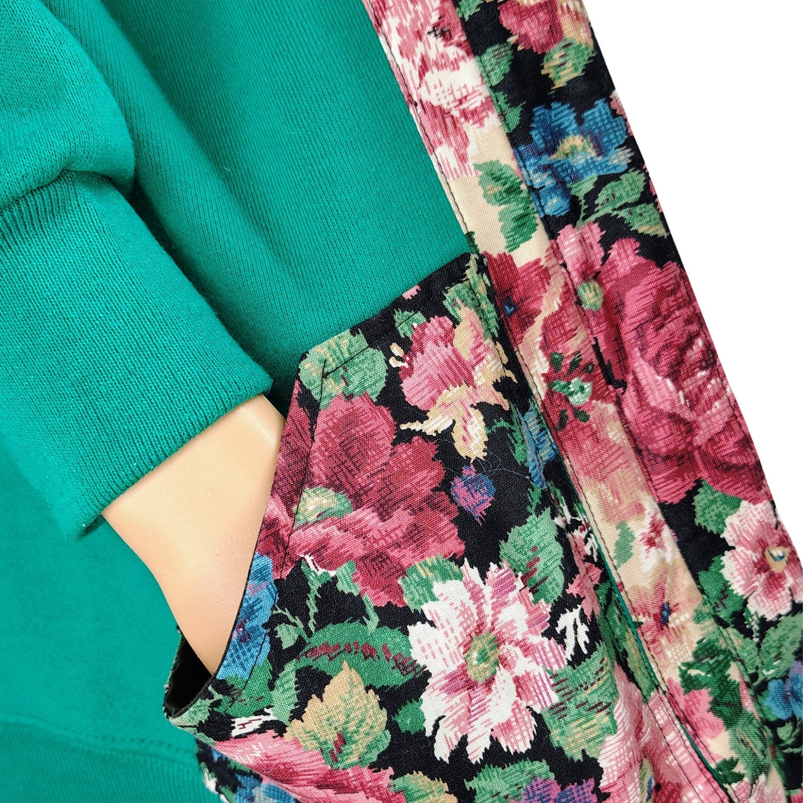 1990s Upcycled Floral Green Fleece Sweatshirt Open Front Cardigan Size XXL Women