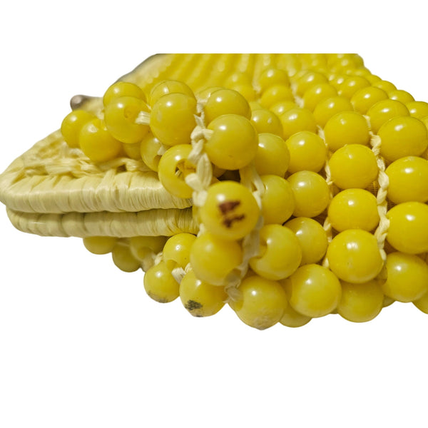 Retro Italian Made Yellow Beaded Clutch Handbag Knit Bag Raffia Purse [VINTAGE]