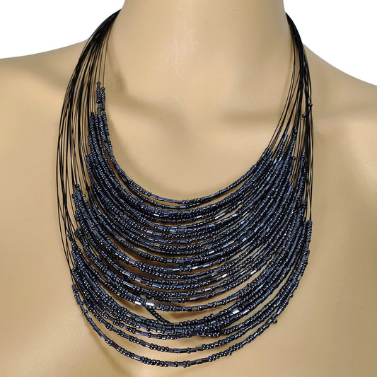 Gray Layered 30 Strand Floating Seed Beads Adjustable Statement Necklace