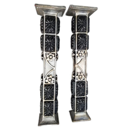 Vintage Heavy Candlesticks Black Ceramic Mixed Metals Flowers 15 In. Pair of Two