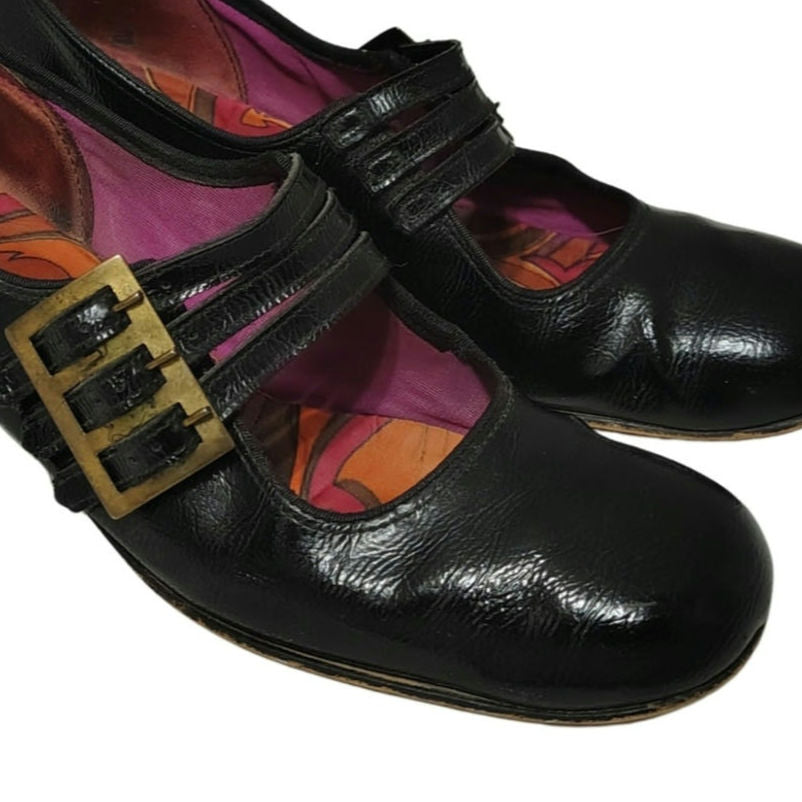 60s Mary Janes Black Leather Square Toe Block Heel Womens Shoes Size 7 [Vintage]