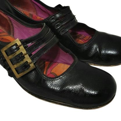 60s Mary Janes Black Leather Square Toe Block Heel Womens Shoes Size 7 [Vintage]