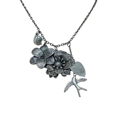 Vintage Floral Bird Heart Charm Necklace Silver Tone Chain Link 19 Inch