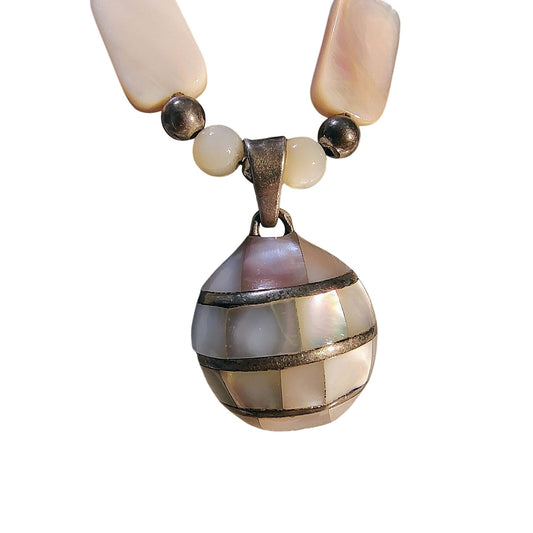 Sterling Silver Pink Mother Pearl Chime Ball Pendant Beaded Necklace [Vintage]