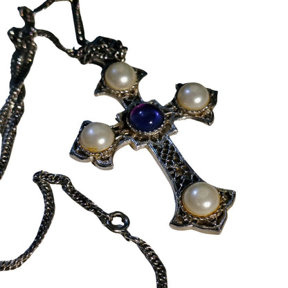 70s Vintage Sarah Coventry Silver Cross Pendant Necklace Amethyst Faux Pearls