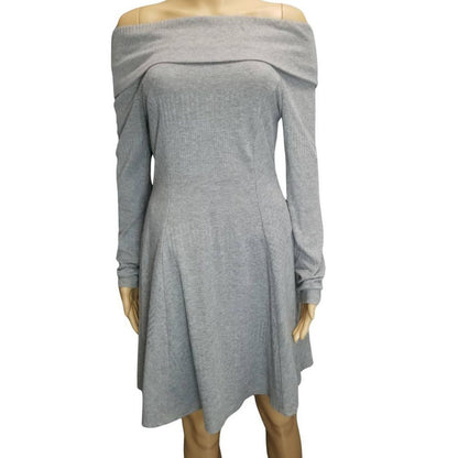 Gray Off The Shoulder Fit & Flare Long Sleeve Ribbed Knee High Dress Size Medium