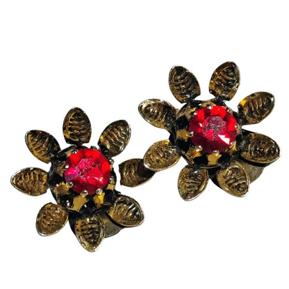 1990s Red Faceted Crystal Flower Gold Clip On Earrings Signed Austria [Vintage]